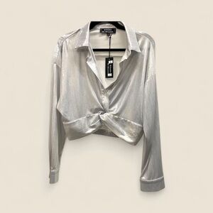 NWT- Metallic Silver Button-Up Collared Crop Top
